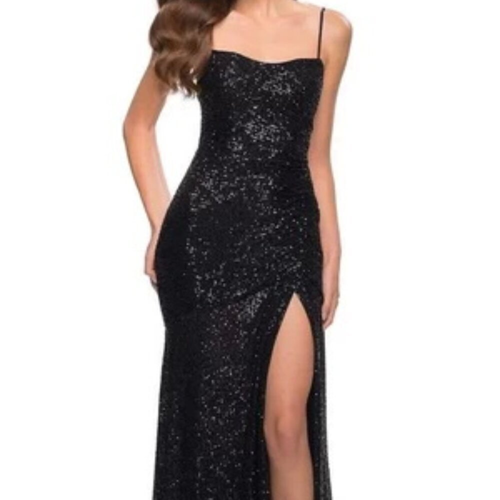 La Femme Black Sequin Strappy Open Back Side Slit Gown